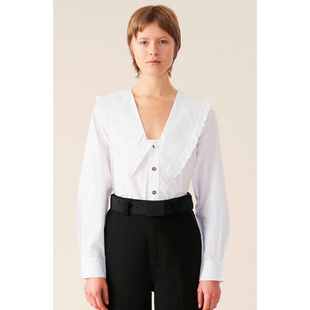 Ganni Cotton White Shirt with Frill Statement Collar